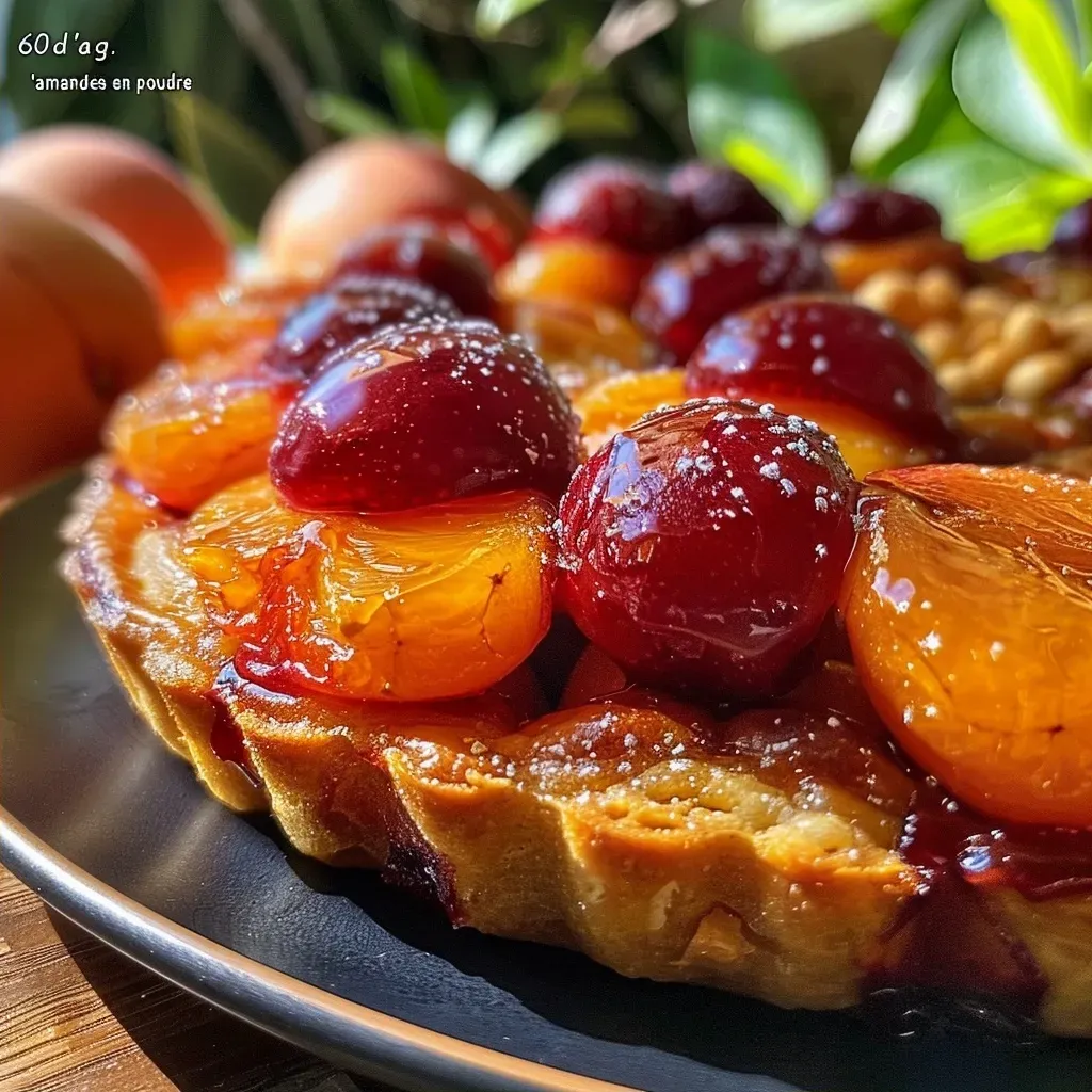 Side view of classic stuffed apricots garnished with cherries.