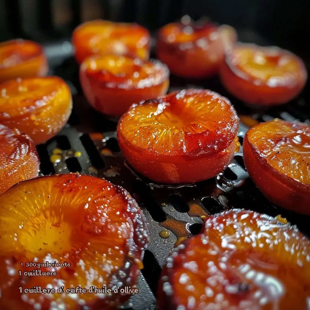 Juicy roasted apricots in an air fryer, garnished with rosemary.