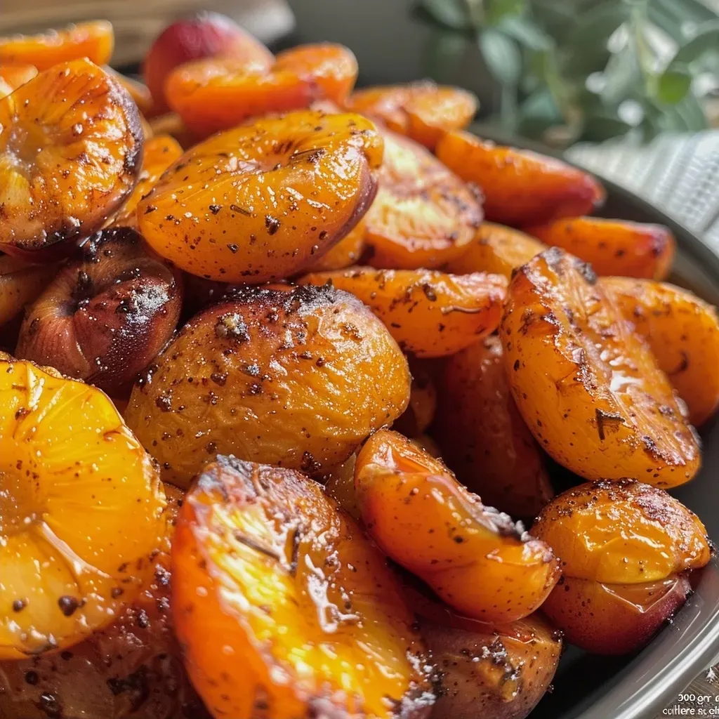 Close-up of golden-brown apricots, glistening with olive oil and sugar.