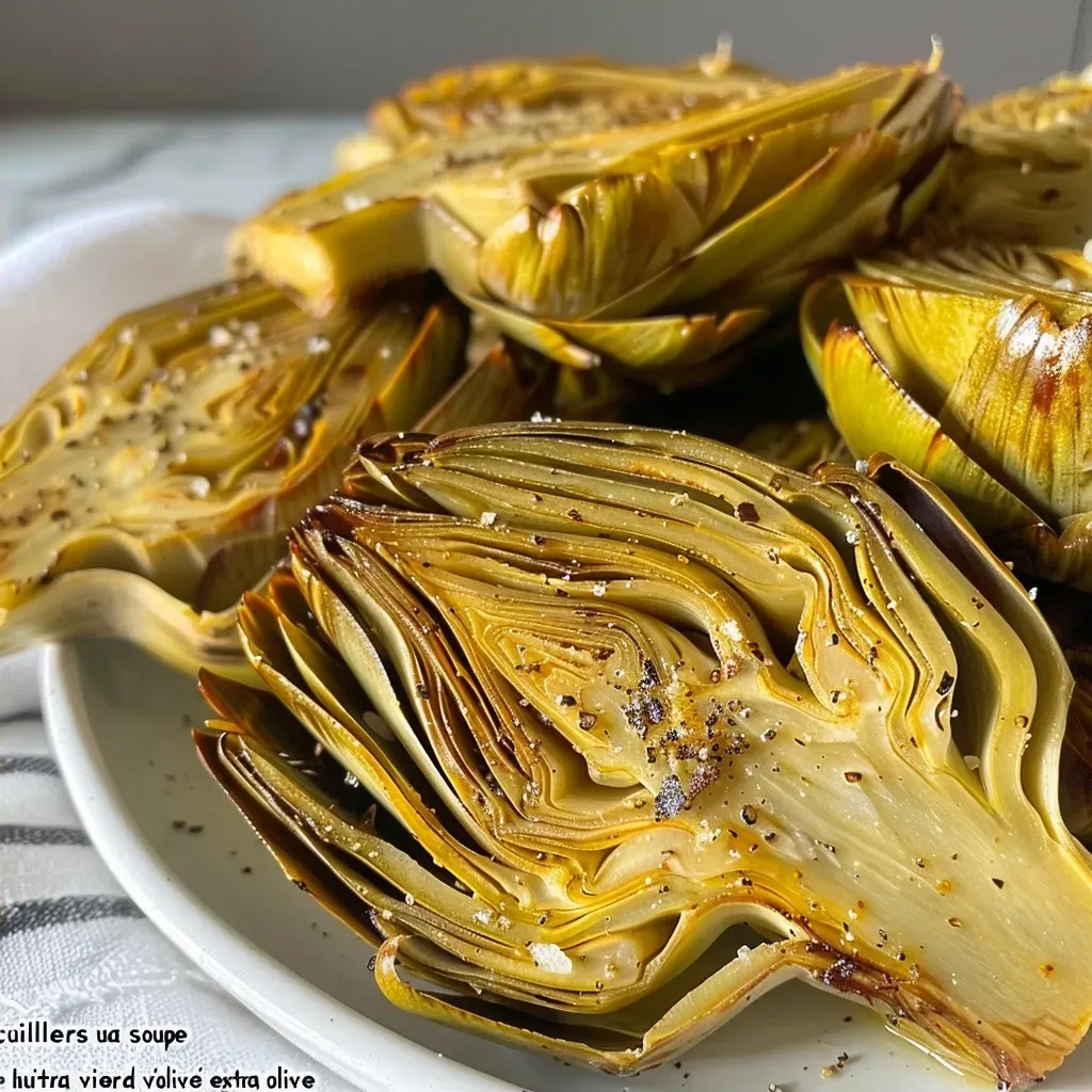 Side view of golden-brown artichokes sautéed with olive oil in a skillet.