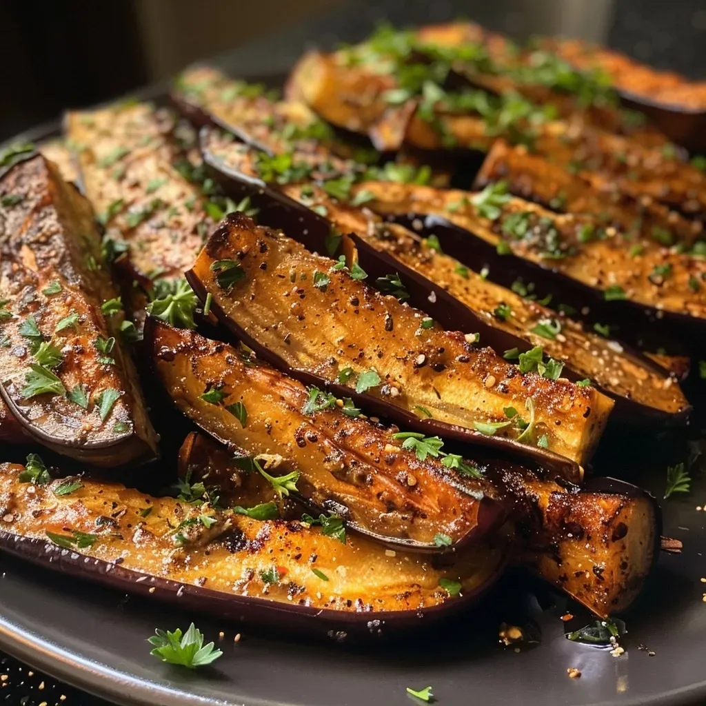Side view of a juicy, air-fried aubergine showcasing its rich color and seasoning.