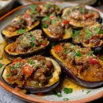 Close-up of stuffed eggplants topped with melted cheese.