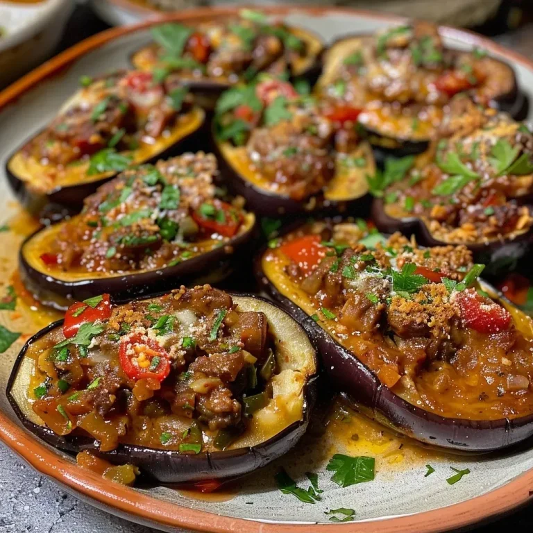 Les aubergines farcies à la viande hachée, un délice prêt en 30 minutes ! Close-up of stuffed eggplants topped with melted cheese.
