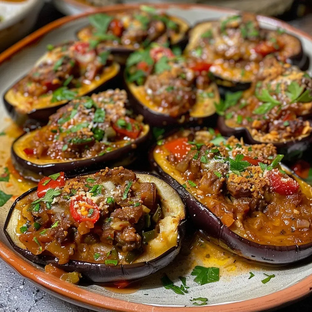 Close-up of stuffed eggplants topped with melted cheese.