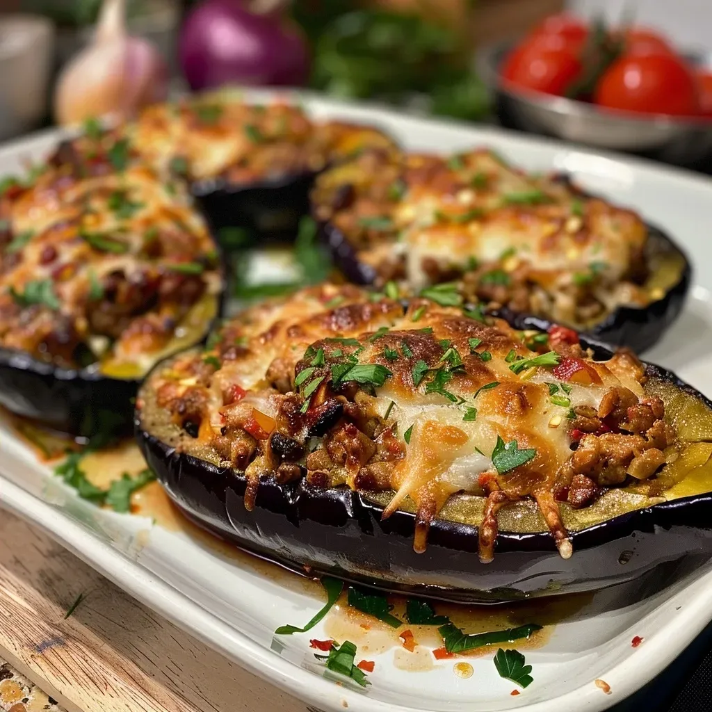 Side view of juicy, cheesy eggplants filled with minced meat.