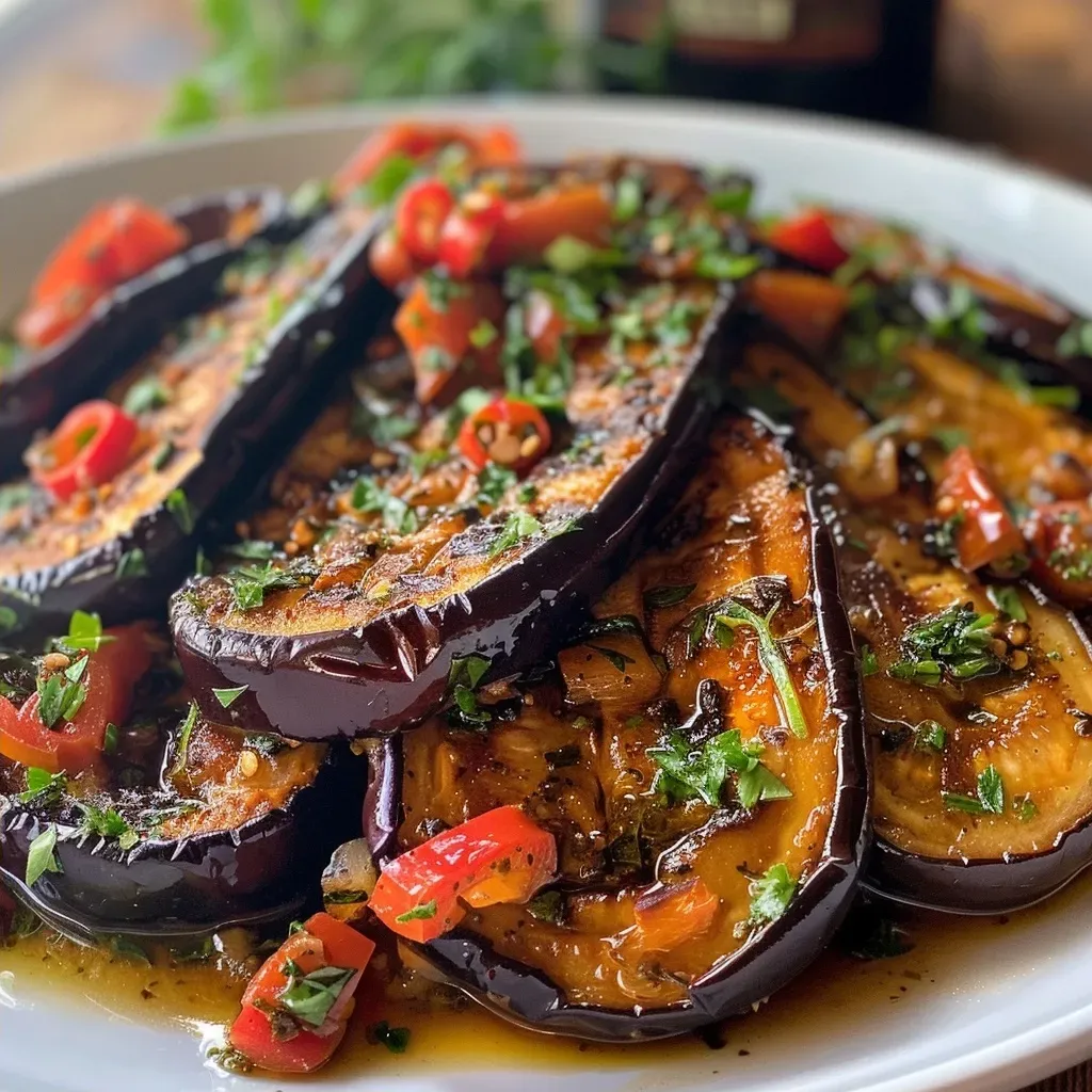 Juicy, caramelized roasted eggplants displayed from the side, highlighting their tender texture.