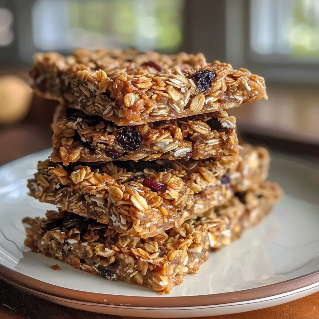 Side view of a delicious, chewy granola bar full of seeds and dried fruit.