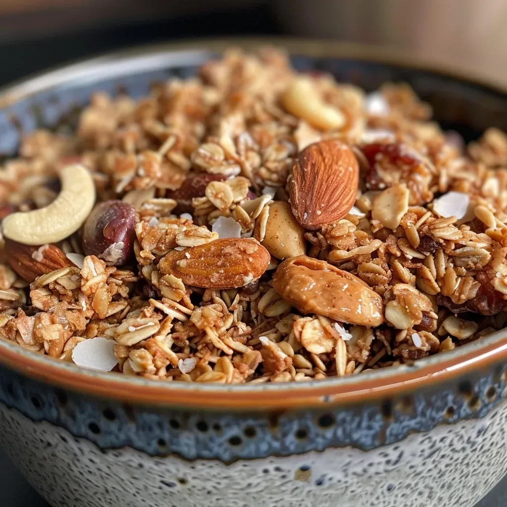 Close-up of a juicy granola bar with visible oats and chocolate chips.
