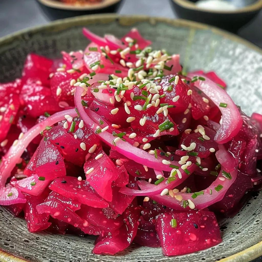 Close-up side view of vibrant, julienned red beets with garlic and green onions.