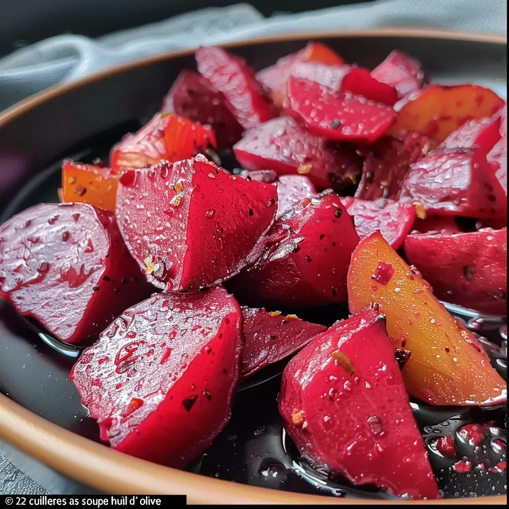 Close-up view of roasted beets, vibrant purple color, glistening with olive oil.