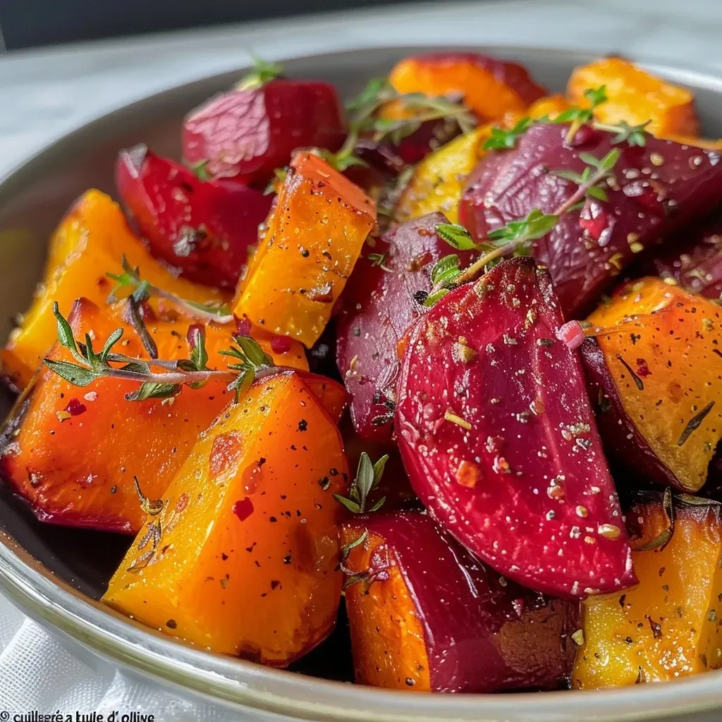 Side angle of juicy oven-roasted beets garnished with herbs.
