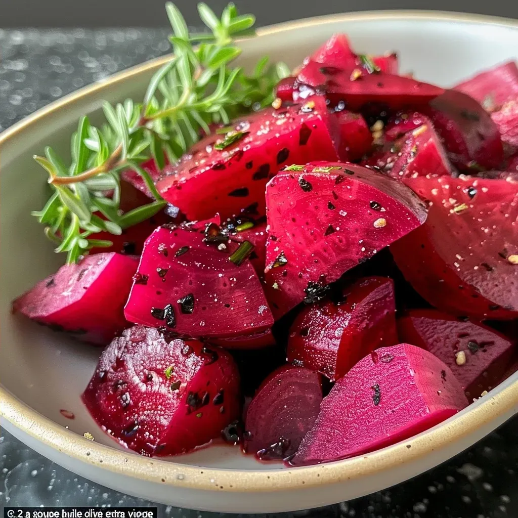 A close-up of colorful roasted beets, glistening with olive oil and herbs.