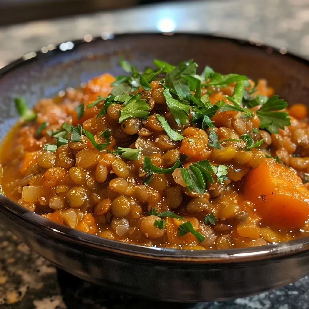 An appetizing lentil bowl featuring a mix of colorful ingredients in a well-lit shot.