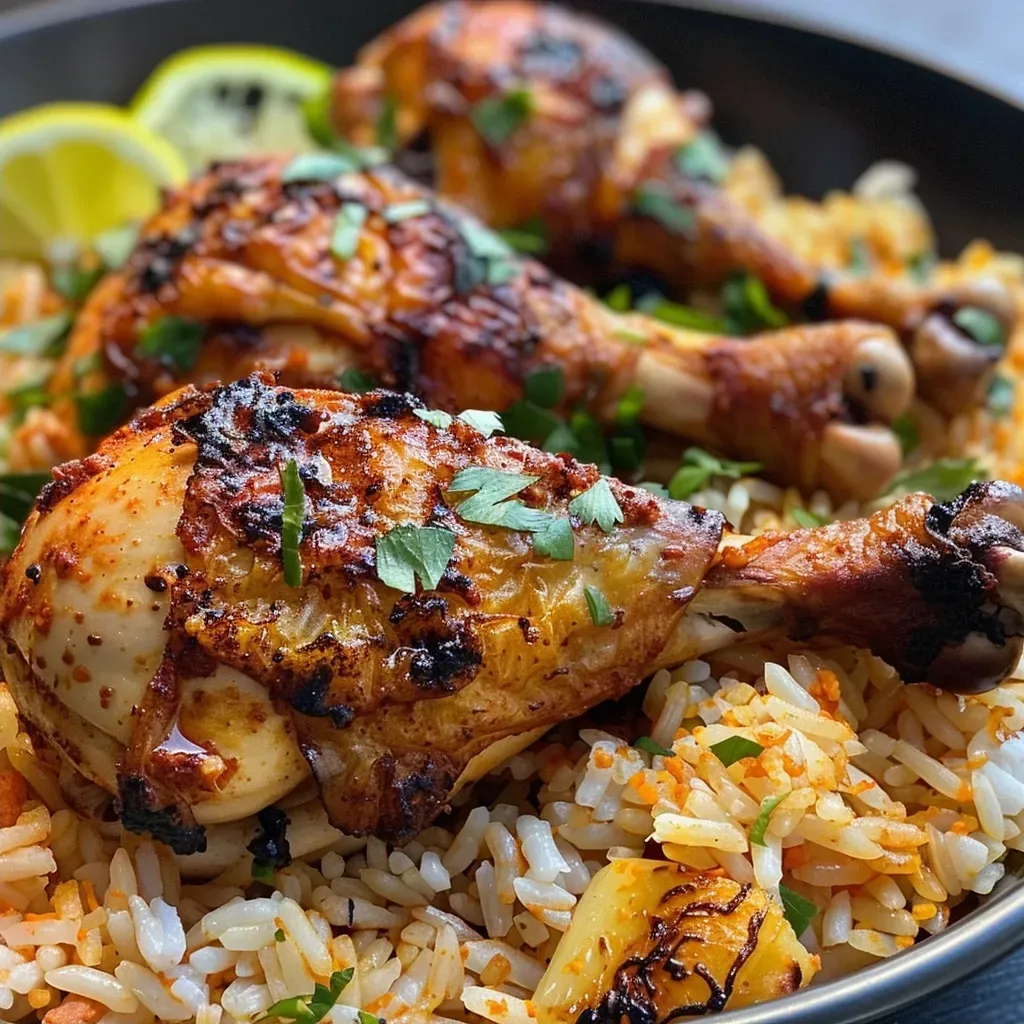 Side view of a bowl filled with delicious chicken, basmati rice, corn, and fresh herbs.