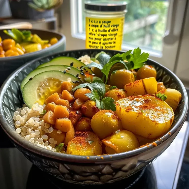 Close-up of a colorful healthy bowl featuring quinoa, chickpeas, and fresh vegetables.