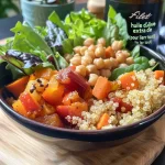 Close-up view of a vibrant bowl filled with roasted beets, quinoa, chickpeas, and pomegranate seeds.