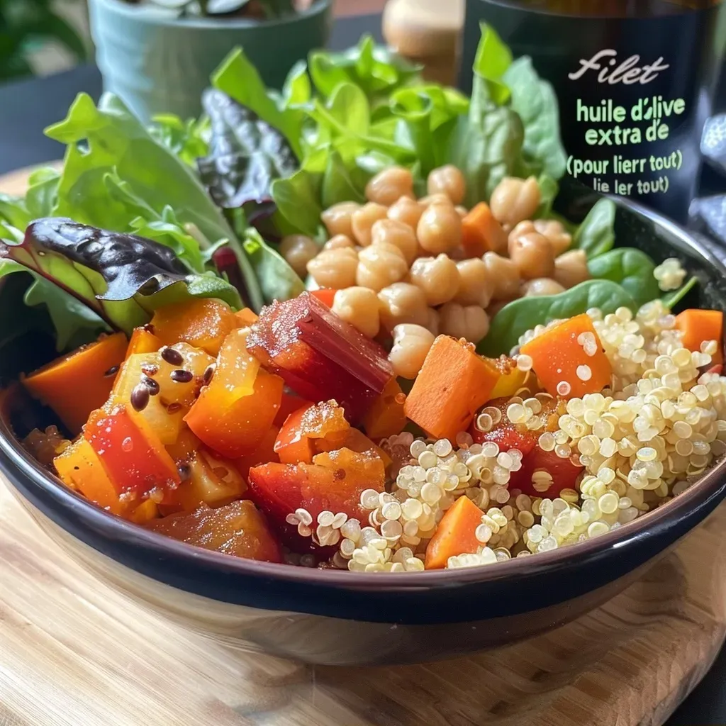 Close-up view of a vibrant bowl filled with roasted beets, quinoa, chickpeas, and pomegranate seeds.