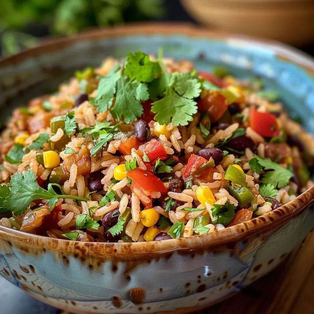 Side view of a colorful bowl containing rice, black beans, corn, and diced tomatoes.