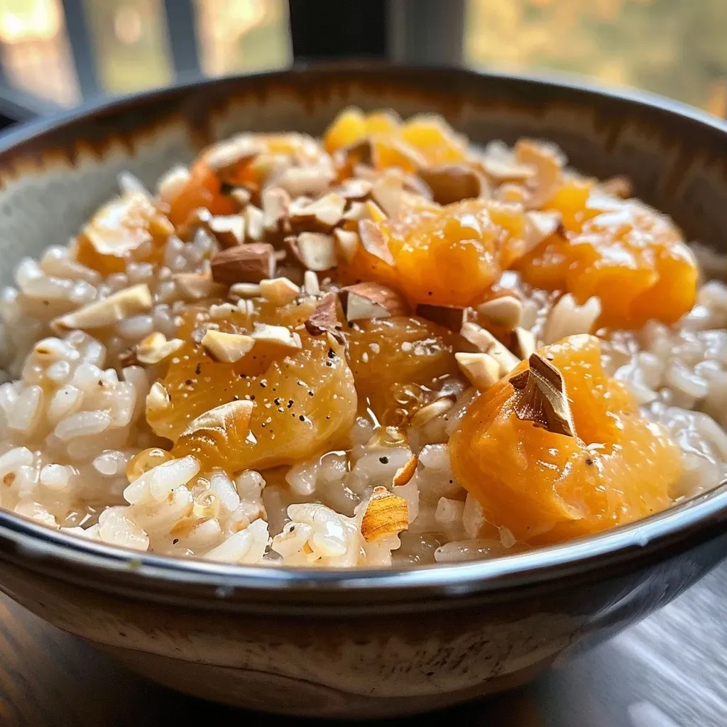 A close-up view of creamy rice porridge with dried apricots, topped with a sprinkle of sugar.