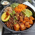 Close-up of a colorful lentil bowl with quinoa, roasted pumpkin, avocado slices, and spinach.