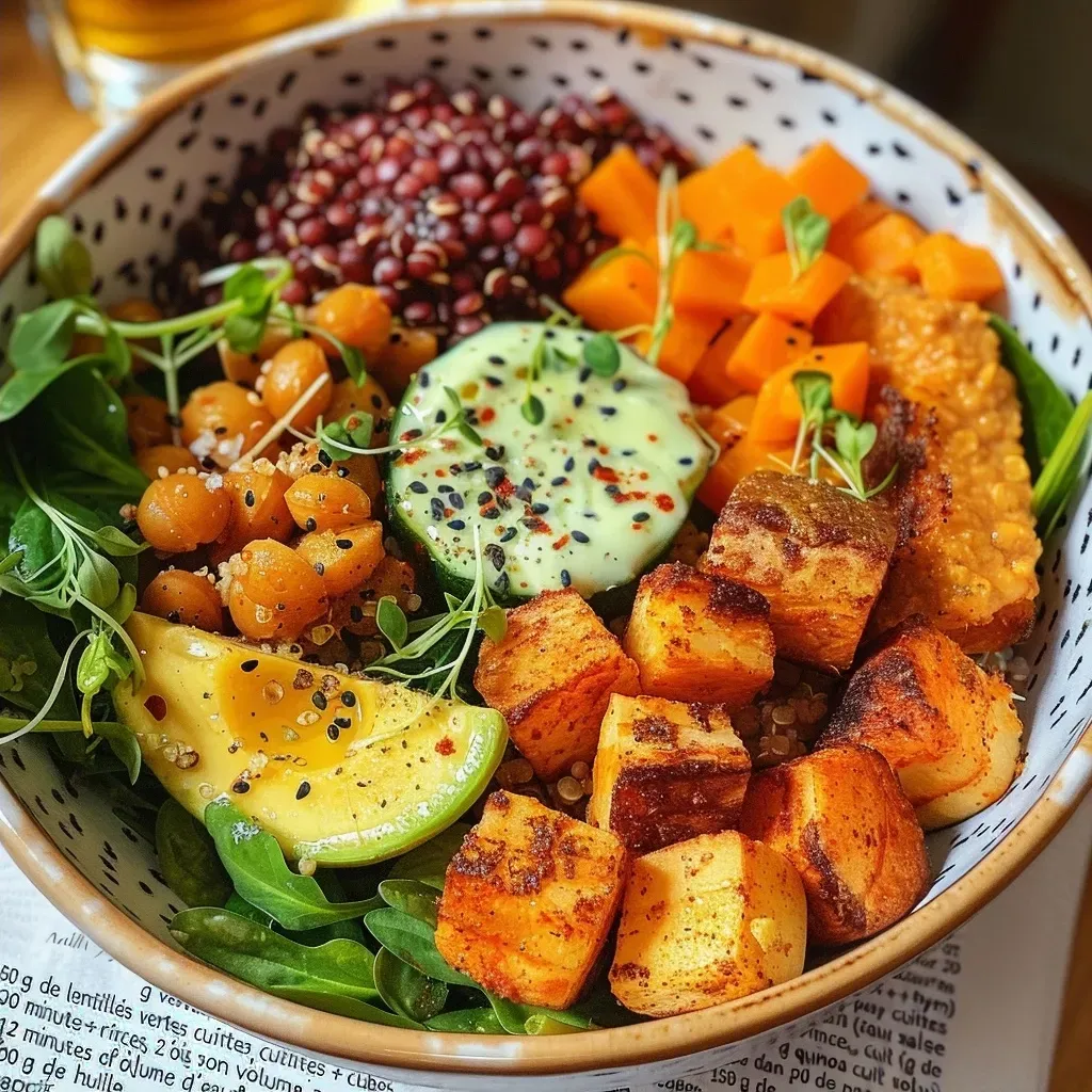 Side view of a nutritious bowl with green lentils, quinoa, and garnished with pumpkin and seeds.