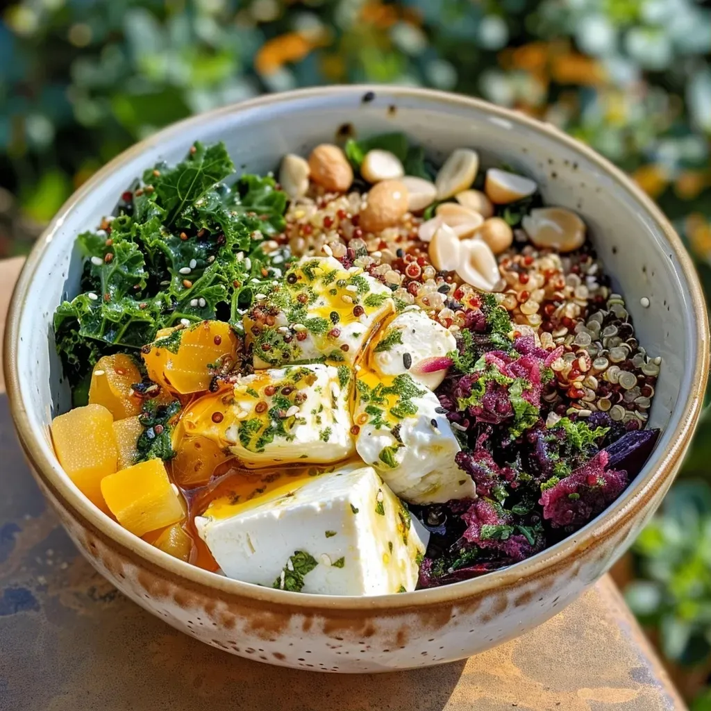 A vibrant bowl of quinoa with diced beets, goat cheese, and avocado.