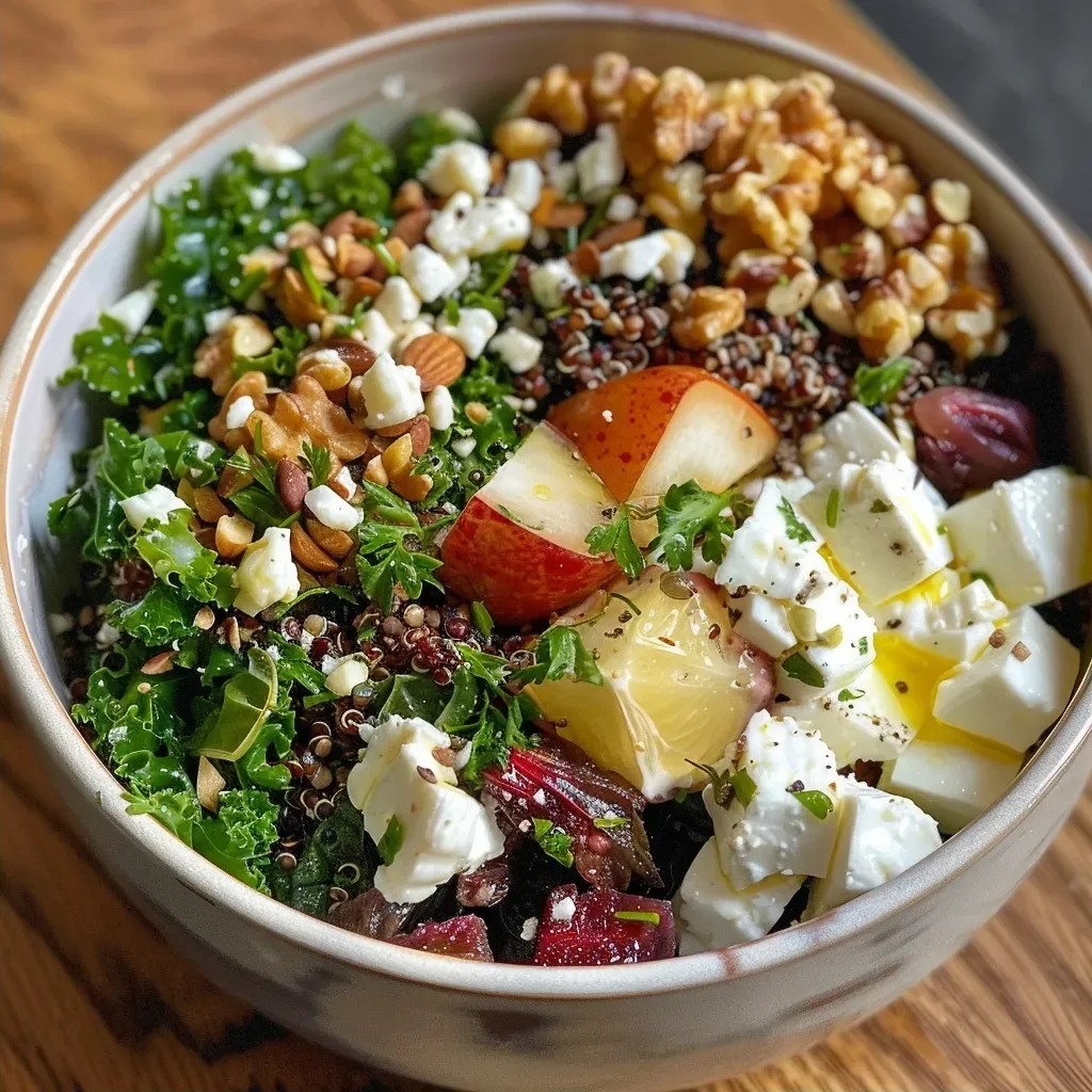 Close-up of a colorful salad featuring beets, cheese, and greens.