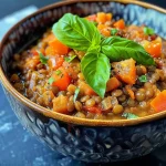Close-up view of a colorful bowl of lentilles corail topped with fresh basil.