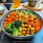 Close-up of a colorful bowl filled with grilled chickpeas and assorted vegetables.