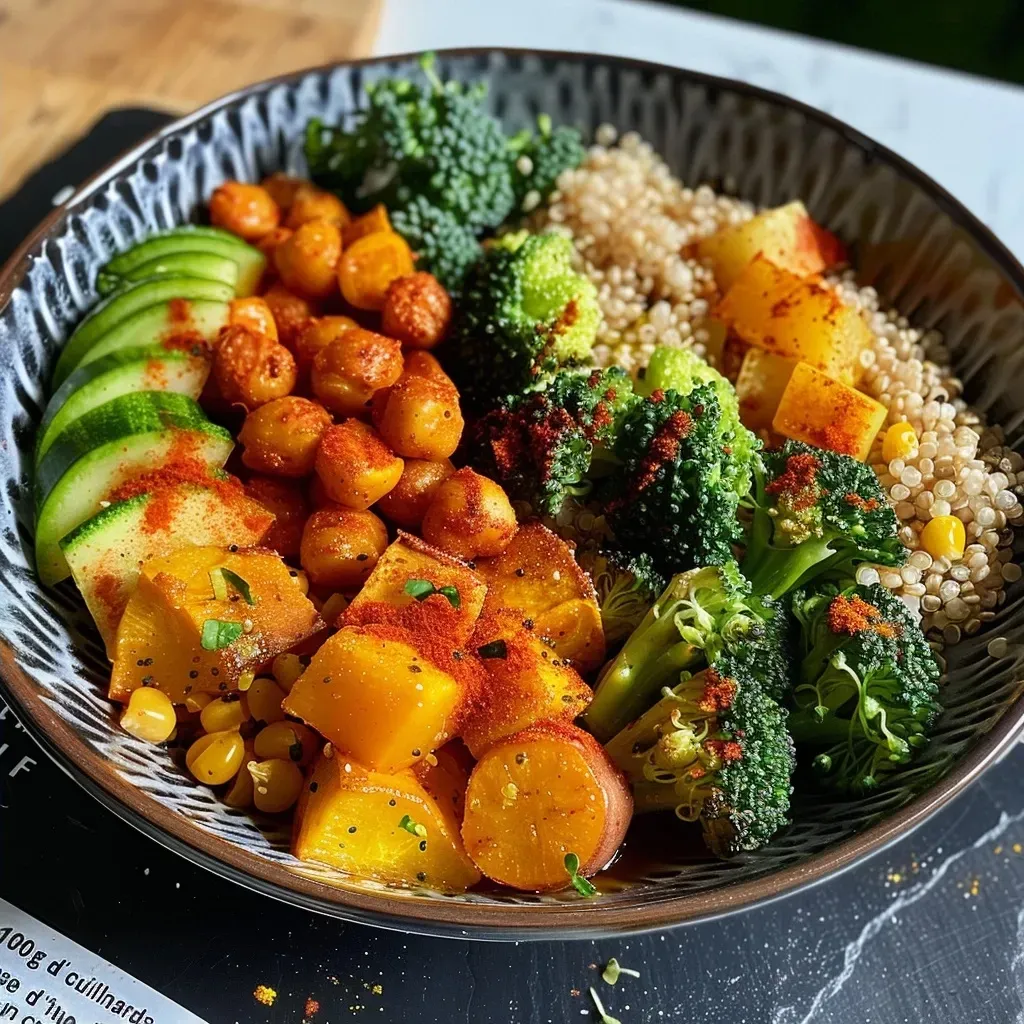 Side view of a vibrant bowl containing quinoa, chickpeas, and fresh vegetables.