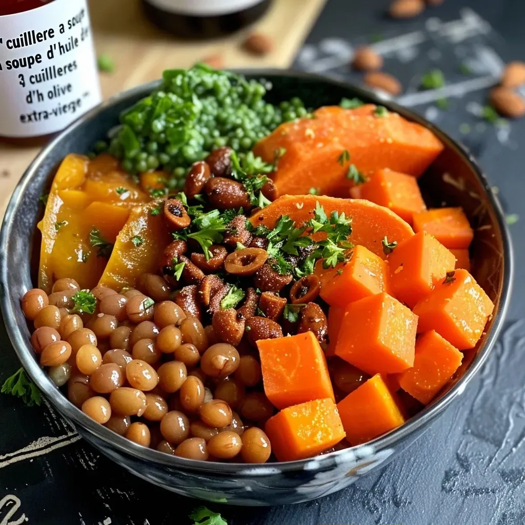 Bowl filled with green lentils and roasted carrots, garnished with spinach and nuts.