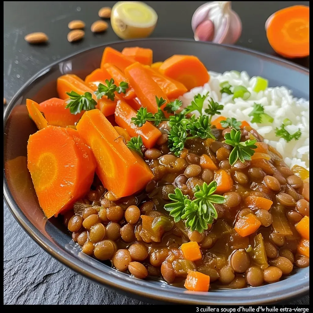 Close-up of a colorful lentil and carrot dish served in a rustic bowl.