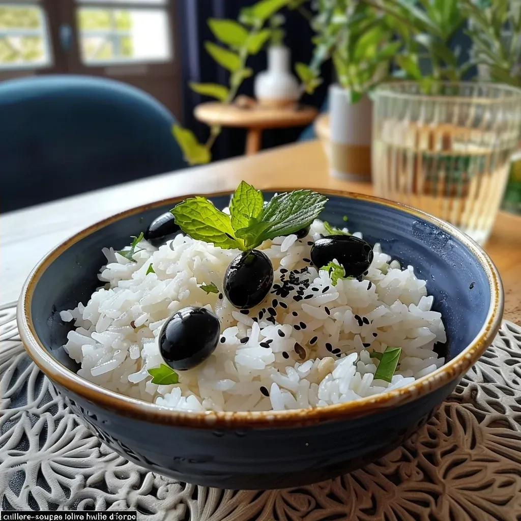 Side profile of a vibrant bowl filled with basmati rice, cucumber, olives, and yogurt dressing.