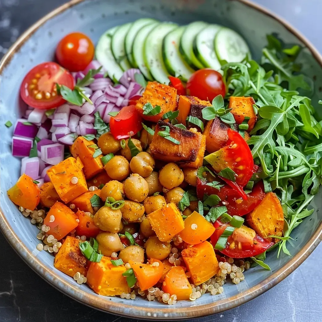 Close-up view of a Mediterranean bowl with colorful ingredients including chickpeas, sweet potatoes, and greens.
