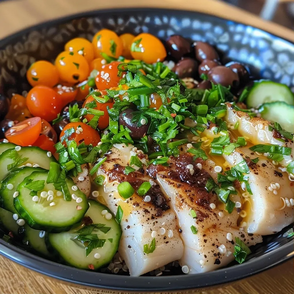 Close-up of a quinoa bowl with tuna, green beans, and a soft-boiled egg.