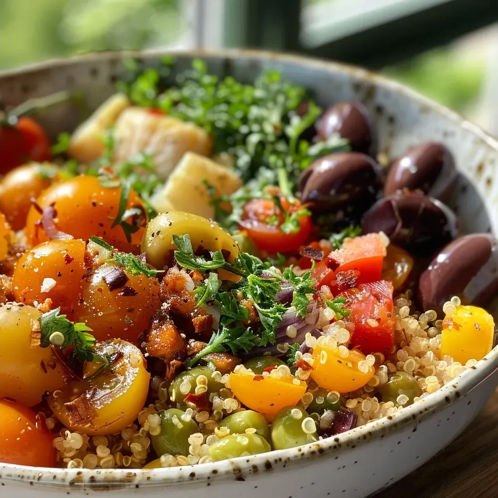 Side view of a healthy niçoise bowl featuring fresh vegetables and protein.