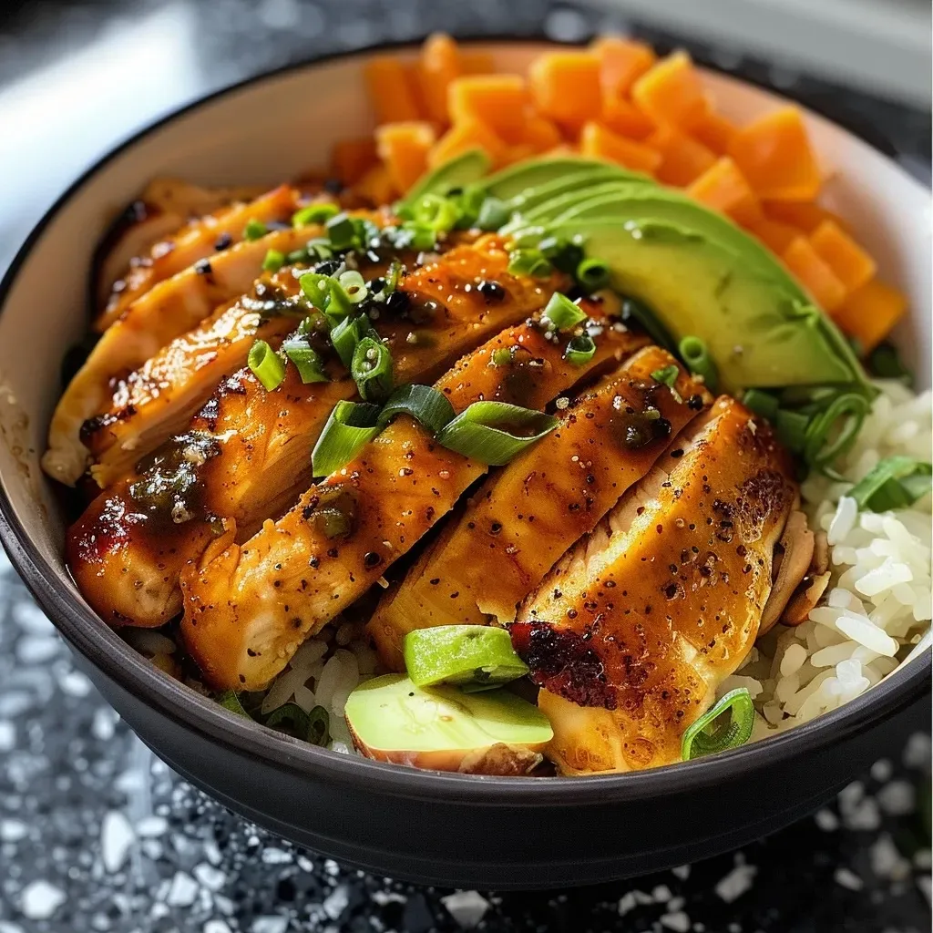 A close-up view of a protein bowl featuring chicken, rice, and fresh vegetables.
