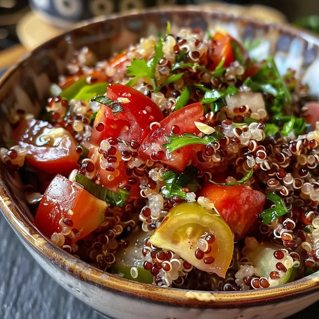 A close-up view of a bowl containing smoked trout, quinoa, cucumber, cherry tomatoes, and mixed salad.