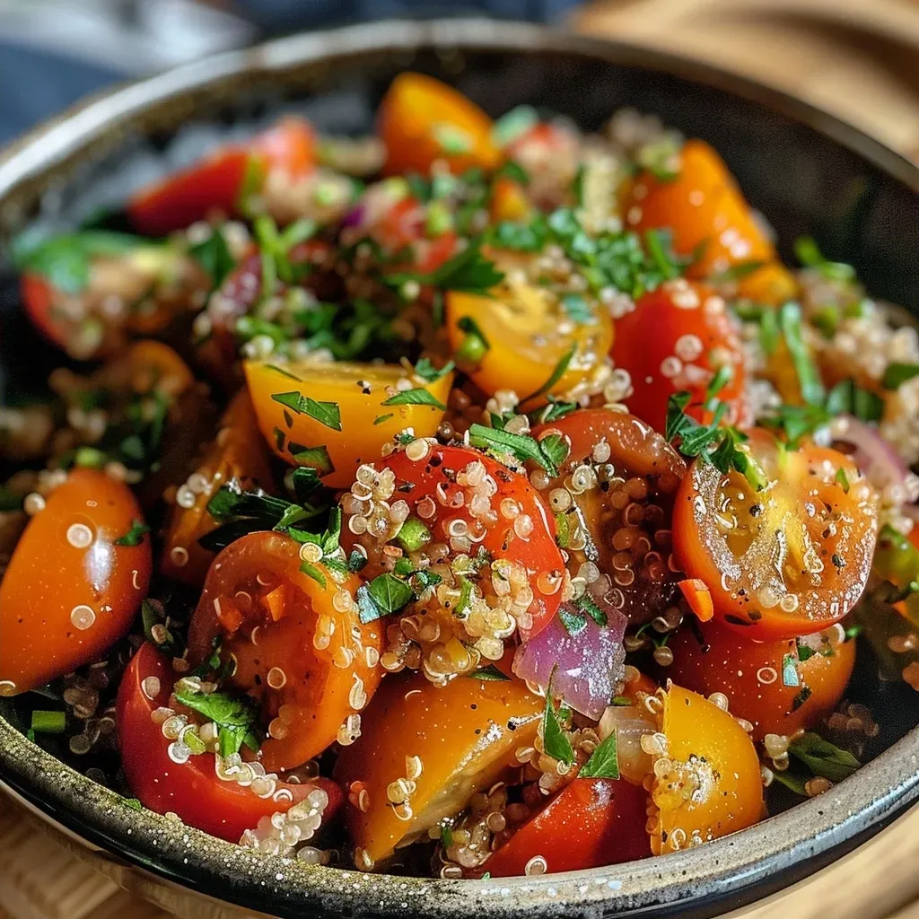 A vibrant bowl filled with smoked trout, colorful vegetables, and quinoa, viewed from the side.