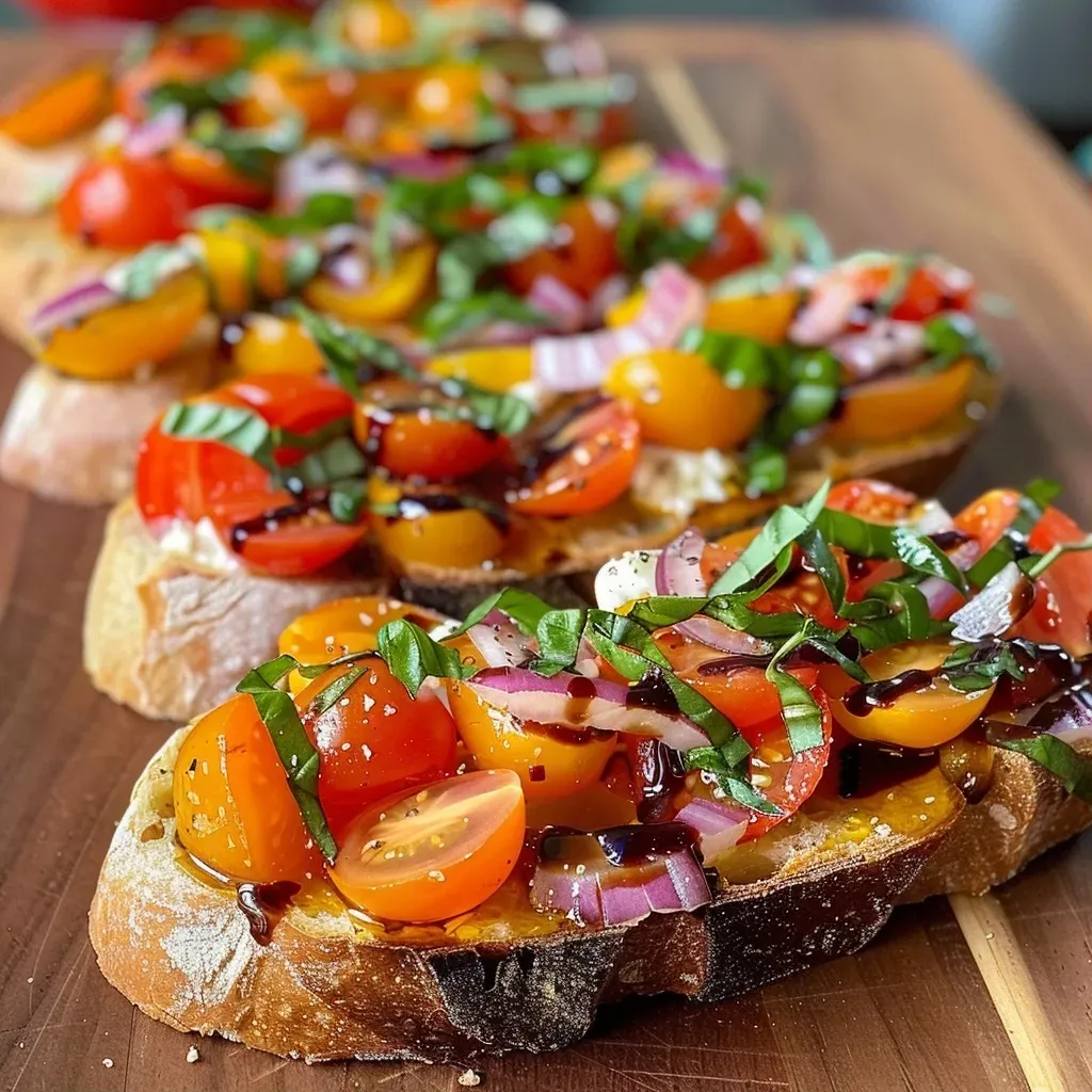 A close-up of a sliced baguette topped with fresh ingredients including cherry tomatoes, burrata, and basil.