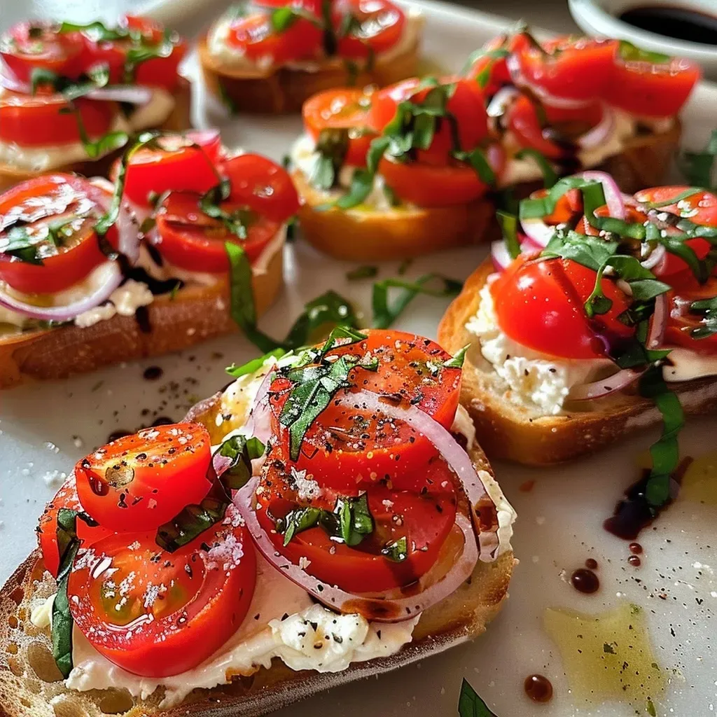 A close-up of a sliced baguette topped with fresh ingredients including cherry tomatoes, burrata, and basil.