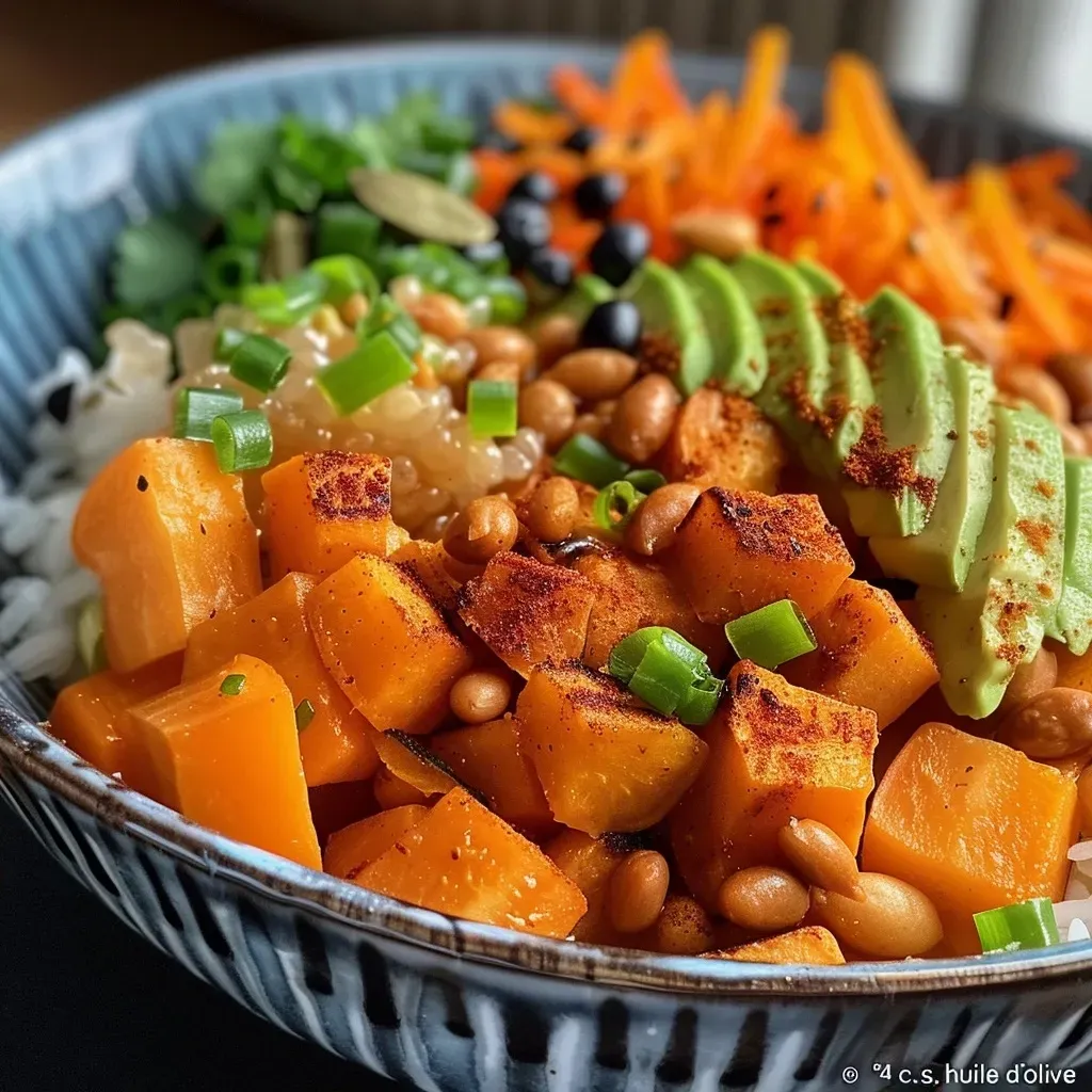 Side view of a vibrant Buddha bowl with various vegetables and a rich blend of colors.