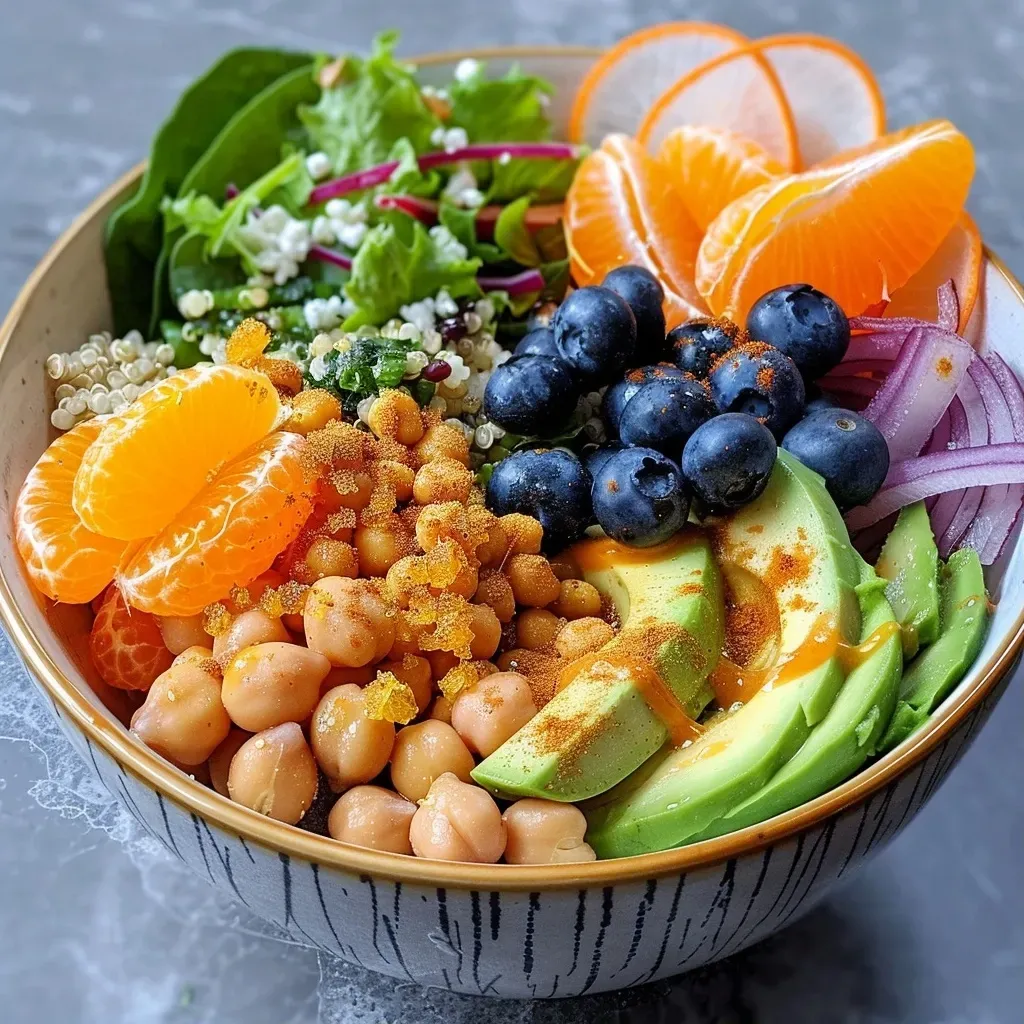 Close-up view of a vibrant Buddha bowl featuring spinach, halloumi, and colorful vegetables.