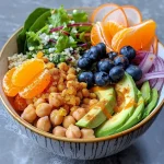 Close-up view of a colorful Buddha bowl featuring tofu, sweet potatoes, and greens.