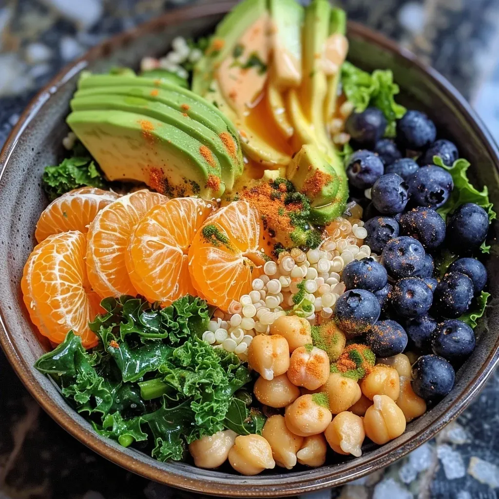 Close-up view of a Buddha Bowl featuring avocado slices, mandarin oranges, and shredded carrots.