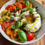 ['A vibrant Burrata bowl featuring fresh tomatoes, avocados, and peppers.', 'Close-up side view of a colorful Burrata bowl garnished with basil and pine nuts.', 'A delicious Burrata bowl with creamy cheese, fresh vegetables, and toasted bread slices.', 'A beautifully arranged Burrata bowl showcasing various ingredients in a creative presentation.']