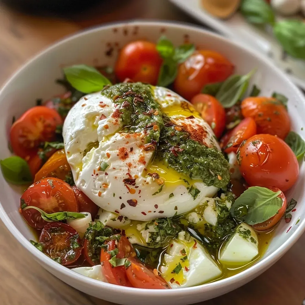 A vibrant Burrata bowl featuring fresh tomatoes, avocados, and peppers.
