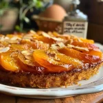 A delicious apricot and almond cake displayed from the side, showcasing its moist texture and golden color.