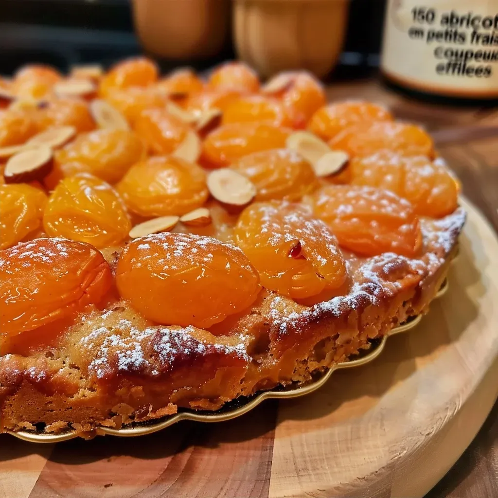 Close-up side view of an apricot almond cake, highlighting the pieces of apricot and almond flakes on the top.