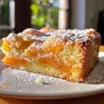 A close-up of a moist apricot cake, showcasing its golden-brown crust and chunks of dried apricots.